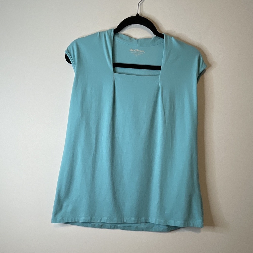 Norm Thompson Knit Top Women L Blue Sleeveless Square Neck Cotton Coastal